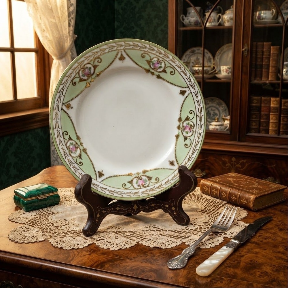 Antique Nippon Hand Painted Porcelain Plate Green Gold Moriage Floral 6.5 inch
